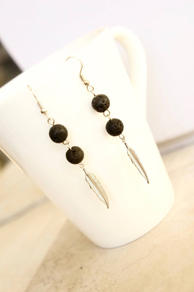 Silver Feather Earrings Diffuser Jewelry Aromatherapy Jewelry Essential Oil Lava Stone Earrings Gift For Yoga Lover Mom Birthday Gift