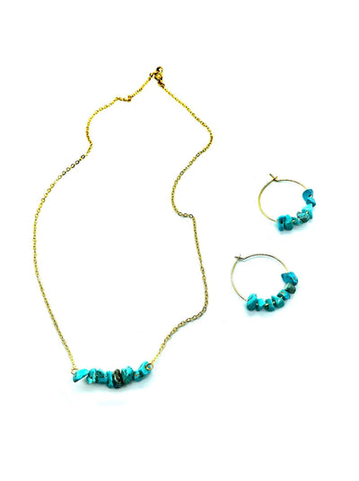 raw turquoise necklace and earring set, gemstone hoop earrings, boho chic jewelry, Mother gift from daughter, gold bar necklace, best seller