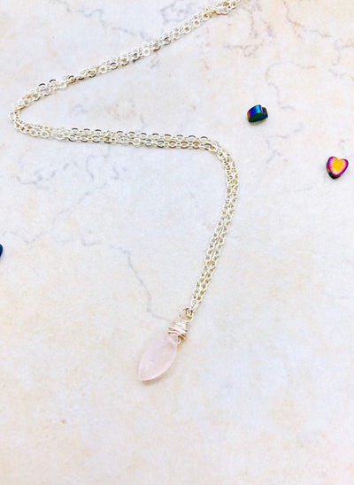 rose quartz necklace gifts for wife, healing crystal necklace women, heart chakra necklace, gemstone bar necklace for women, blush pink