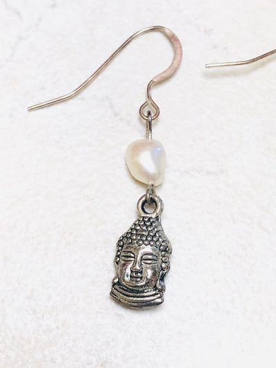 Silver buddha earrings, sterling silver freshwater pearl earrings dangle, June birthstone earrings girls drop earrings, mom birthday gift