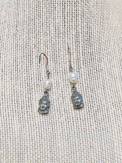 Silver buddha earrings, sterling silver freshwater pearl earrings dangle, June birthstone earrings girls drop earrings, mom birthday gift